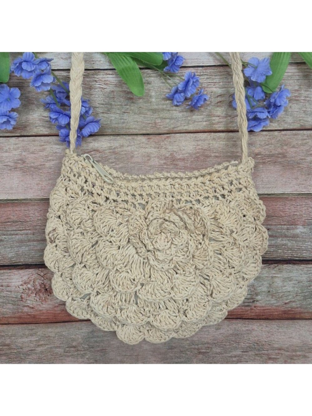 Cappelli Straworld Tan Woven Straw Flower Purse Boho Shabby Chic Crossbody Bag